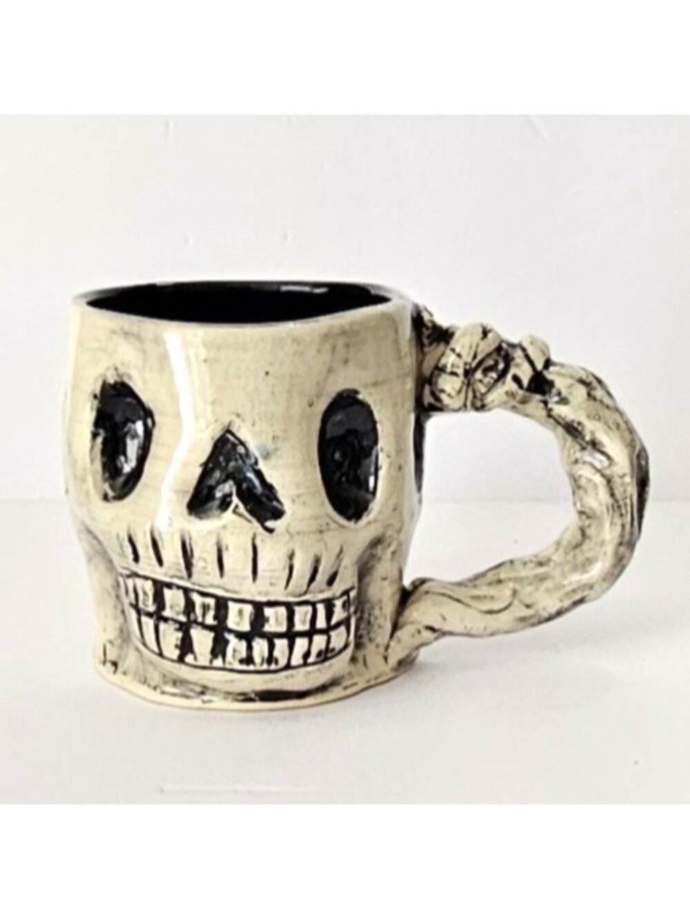 3D Signed Studio Art Pottery Skull Mug With Snake Handle Halloween Ceramic 2011